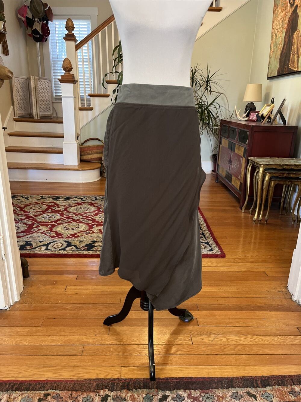 Soft Surroundings Skirt L Asymmetric Cupro Gray Green Pull On Mixed Media